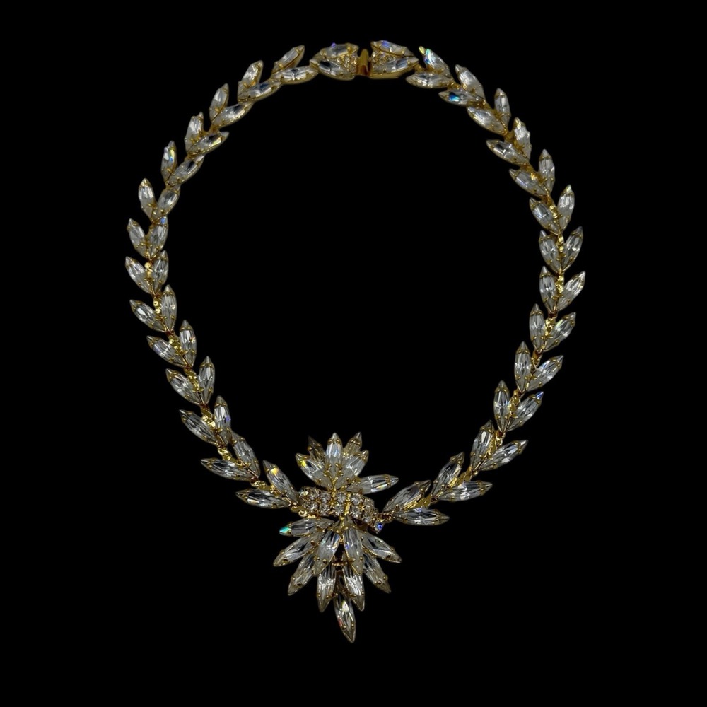 Vintage Swarovski Marquise Leaf Collar Necklace Gold Tone Starburst Statement